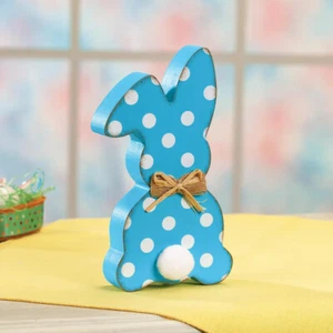 Blue Polka Dot Wooden Easter Bunny Rabbit Tabletop Figurine Spring Home Decor - Picture 1 of 4