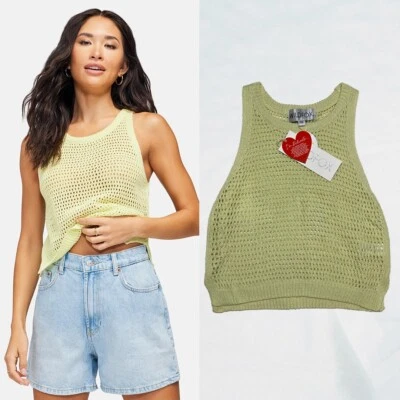 NWT Wildfox Francie Sweater Tank | Pale Lime Yellow Size XS Mesh Festival Top — 第 1/4 张图片