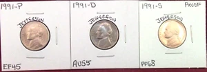 1991-P EXTRA FINE PLUS / 1991-D ALMOST UNC / 1991-S HIGH END PROOF NICKELS - Picture 1 of 5