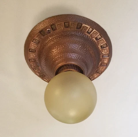 Vintage ARTS & CRAFTS Hammered LIGHT FIXTURE, 1920's or 30's, MISSION, Cast Iron Cover