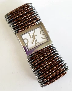 HT Silver Tone WR Wrist Watch New Battery Seed Bead Safety Pin Stretch Band - Picture 1 of 7