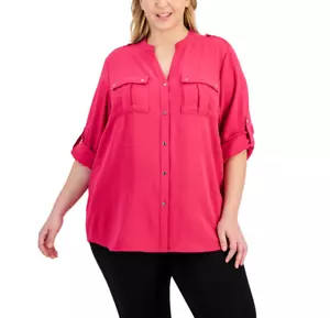 Calvin Klein Textured Roll Tab Button Down Shirt Cerise Plus Size 0X - Picture 1 of 1