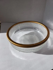 Crystal Heavy Cut Glass Bowl Rimmed with Painted Gold Metal Band 9 x 3.75” - Picture 1 of 7