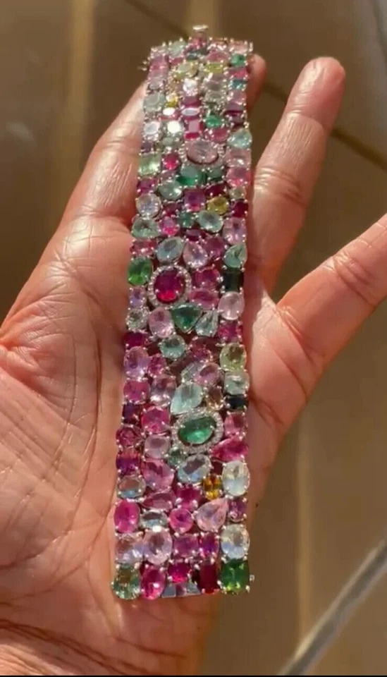 75.80TCW Prong Set Brilliant Multi Shape & Color Stone Wide Engagement Bracelet - Image 1 of 4