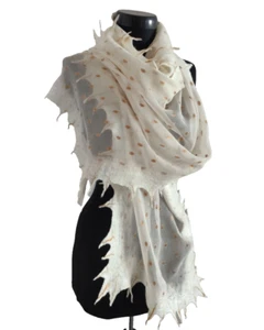 Light Felted White and Gold Silk Scarf from Delicate Merino, Soft Elegant Wrap - Picture 1 of 18