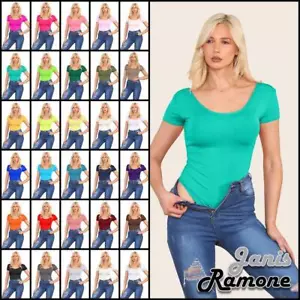 Womens Short Sleeve Bodysuit Plain Round Neck Basic Stretchy Leotard T-Shirt Top - Picture 1 of 150