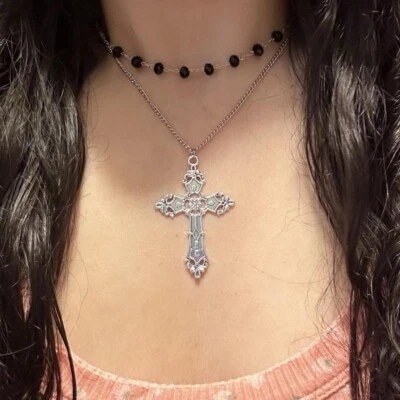 Collar Cruz Plata Doble Capa Cuentas Negras Ajustable Nuevo Gótico Punk Foto 1 de 4