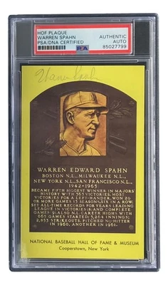 Warren Spahn Signed 4x6 Milwaukee Braves Hall Of Fame Plaque Card PSA/DNA - Image 1 of 4