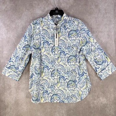 Blusa Top Chicos Mujer Azul Blanco Paisley Abotonada Talla 2 Elastizada Sin Planchar Nueva con Etiquetas Foto 1 de 4