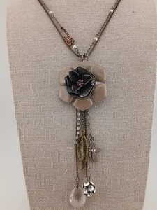 GUESS silver bronze tone pearls crystals enamel floral dangle pendant necklace  - Picture 1 of 9