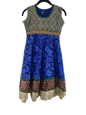Indian Dress Girls Brocade Blue Floral Beaded Fit Flare Knee Size 34 Youth Large - Image 1 of 4