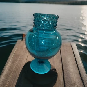 Seltenes Tiffin Dakota blaues Muster Glas Vintage 8,75 Höhe 2,75 Öffnung 3,5 Sockel - Bild 1 von 7