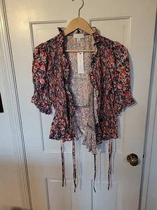 Topshop Blouse Womens 8 Red Floral Wrap Tie Puff Sleeve Cottagecore Romantic - Picture 1 of 5