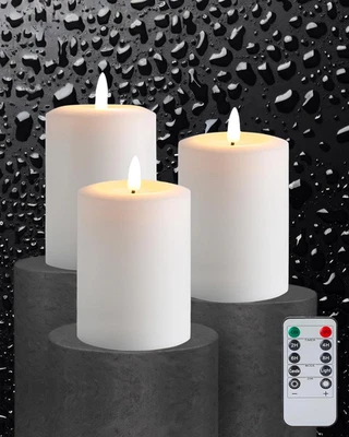 3"X4" Flickering Flameless Candles with Remote Timer, Real Wax, White Pillar Can - Image 1 of 4