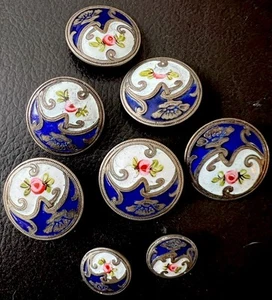 Antique Enamel Collection Of Art Nouveau Buttons X8 - Foto 1 di 7
