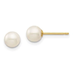 14K Solid Yellow Gold 5mm White Round Freshwater Cultured Pearl Stud Earrings - Picture 1 of 11