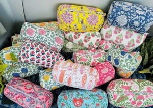 Vintage Kulturbeutel Indianer Blockprint groß, bunt gesteppt Reisetasche - Bild 1 von 20