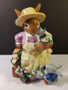 CWC Trinket Box Porcelain Easter Rabbit Mother Child Garden Flowers Decor  6.5" - Picture 1 of 12