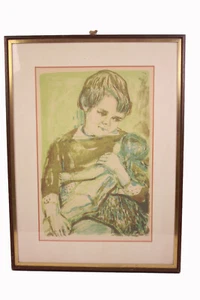 Farb. Lithographie Kinder Geschwister Baby Bild Grün 1968 signiert mit Rahmen  - Bild 1 von 5