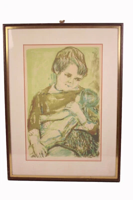 Farb. Lithographie Kinder Geschwister Baby Bild Grün 1968 signiert mit Rahmen  - Bild 1 von 4
