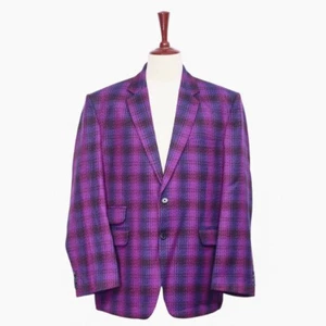 Mens Blazer Purple Blue Plaid Wool Woven Formal Jacket Wedding Sport Coat 48R - Picture 1 of 7