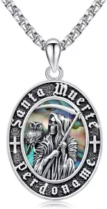 925 Sterling Silver Santa Muerte Pendent Necklace For Men Grim Reaper Holy Death - Picture 1 of 3