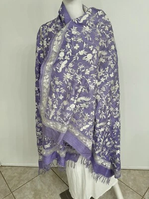 Vintage Kashmiri Museum Quality Hand Embroidered Silk Shawl Lavender 40” X 80” - Image 1 of 4