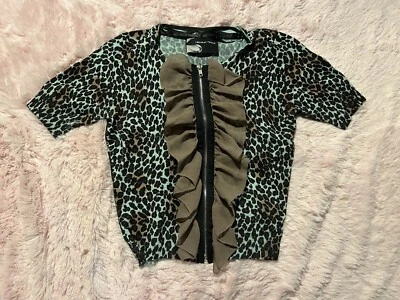 Women’s Cropped, Fitted, Leopard Zip Cardigan w/ Ruffles - Image 1 of 4