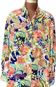 BASLER CHIFFON BLOUSE SHIRT 14/16 (EU 40) Tunic Button Tropical Fish Summer READ - Picture 1 of 13