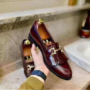 New Handmade Men's Leather Shoes Burgundy Loafer Fringes Casual Slip on Moccasin - Picture 1 of 5