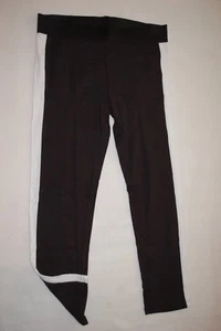 Womens BLACK CAPRI LEGGINGS w/ WHITE SIDE STRIPING Wide Elast Waist SIZE L 12-14 - Picture 1 of 1