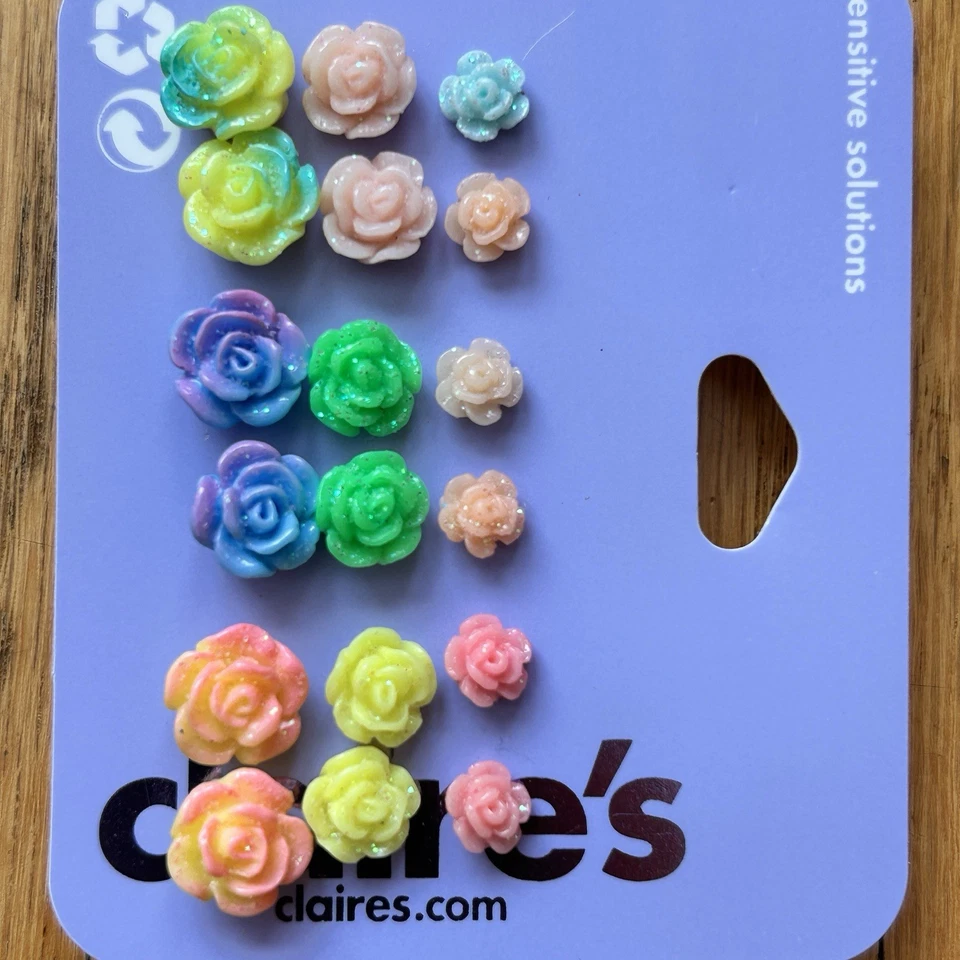 Claire’s 18 Piece Roses Earring Jewelry Set NWT Flower Glitter Studs - Image 1 of 3