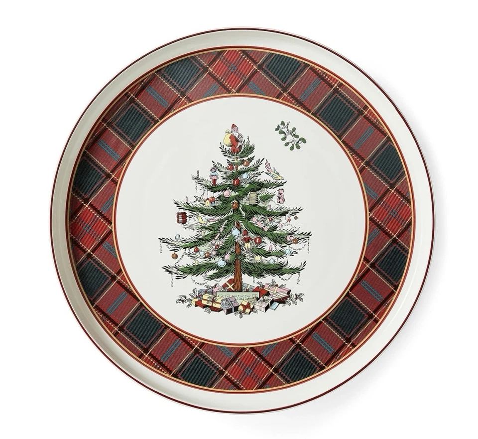 Spode Christmas Tree Lazy Susan- Tartan Plaid, Non Skid 360 Degree Rotation - Image 1 of 4