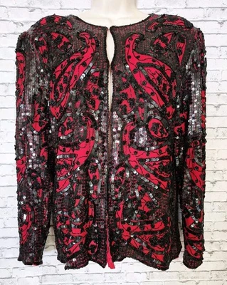 Vintage 80s Channa Silk Sequin Red Black Beaded Cardigan Womens XL Evening Coat - Image 1 of 4