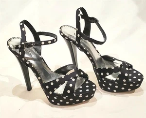 New Bebe Black And White Polka Dot Satin Silk High Heel Sandals - Size 8 - NWT - Picture 1 of 3