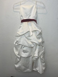 David's Bridal Dress Girls 6 Satin Ivory Flower Wedding Formal Red Belt Sash Bow - Picture 1 of 4