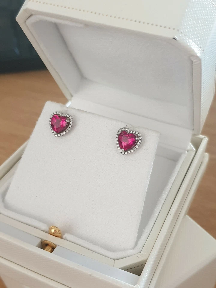 White gold finish heart red ruby and created diamond stud earrings gift boxed  - Image 1 of 3