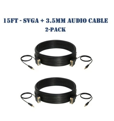 15FT SVGA Video Cable + 3.5mm Audio Aux Jack M/M PC Display Monitor Cord- 2-Pack - Image 1 of 4