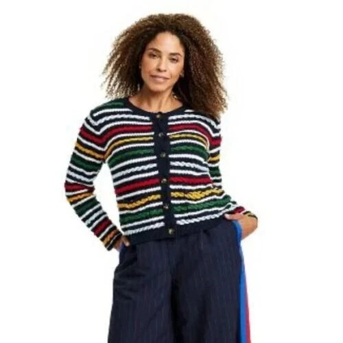 La Ligne x Target Women 1X Textured Striped Cardigan Sweater Navy/Red/Yellow