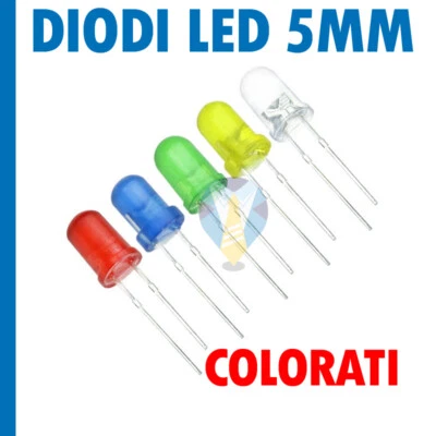 DIODI LED 5 mm ALTA LUMINOSITA' BIANCHI BLU ROSSO VERDE GIALLO ARANCIONE hobby - Immagine 1 di 4