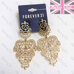 HUGE 3"long FILIGREE CHANDELIER EARRINGS gold fashion LARGE METAL VINTAGE LACE - Picture 1 of 7