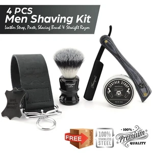 Herren gerade Rasiermesser Kit mit Leder Strop Synthetische Haarrasierbürste & Paste - Bild 1 von 3
