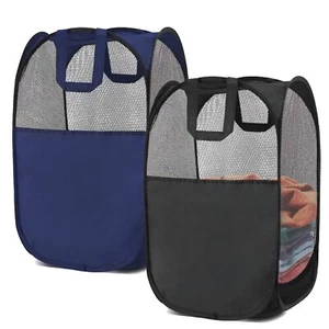 2 Pack Pop-Up Laundry Baskets Foldable Mesh Hampers Black Blue w/ Handles - Picture 1 of 7