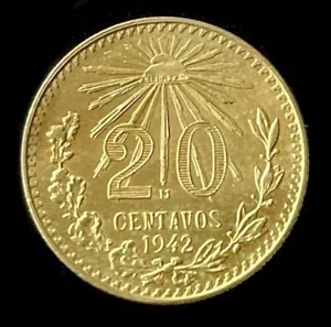 UNC 1942 Mexico Gold Plated Silver Coin 20 Centavos Liberty Cap Currency Money A - Picture 1 of 12