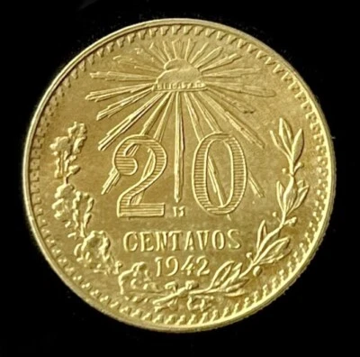 UNC 1942 Mexico Gold Plated Silver Coin 20 Centavos Liberty Cap Currency Money A - Image 1 of 4
