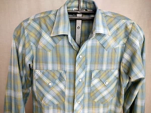 Vtg 60s Pearl Snap Plaid Western Shirt Mens Small Polyester/Cotton Distressed - Picture 1 of 16