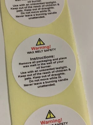 Wax Melt Warning  Labels  38mm Diameter  100 Labels - Image 1 of 2