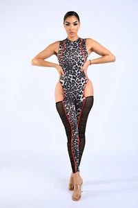 Women's Sexy Cut Out Sleeveless Leopard Mesh Shirring Jumpsuit Party Club Night - Picture 1 of 12