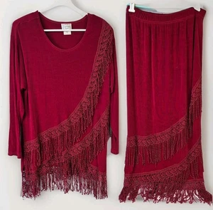 New VTG Taunja Ladies Red Fringed Long Sleeve Skirt / Dress & Top Set Size XL - Picture 1 of 7