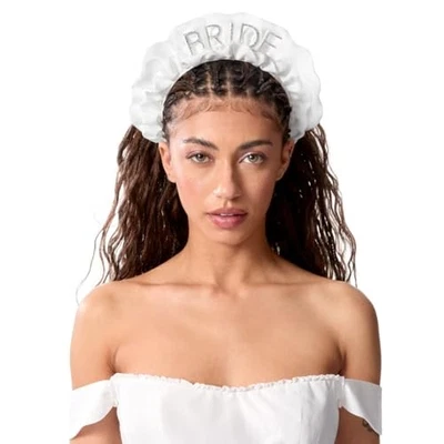  White Satin Ruffle + Rhinestone Bride Headband | Bachelorette Hair Accessory,  - Image 1 of 4